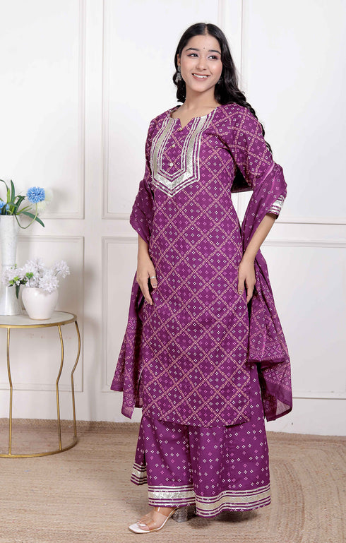 Miravan Magenta Embroidered cotton Kurta with Palazzo and Dupatta