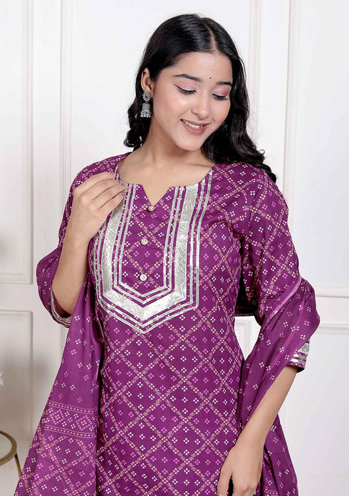 Miravan Magenta Embroidered cotton Kurta with Palazzo and Dupatta