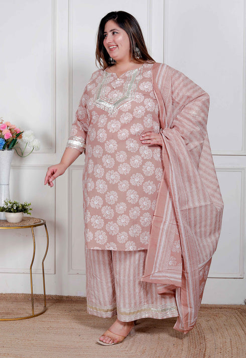 Miravan Plus Size Women Brown Floral Printed Cotton Straight ethnic Kurta with Palazzo and Dupatta