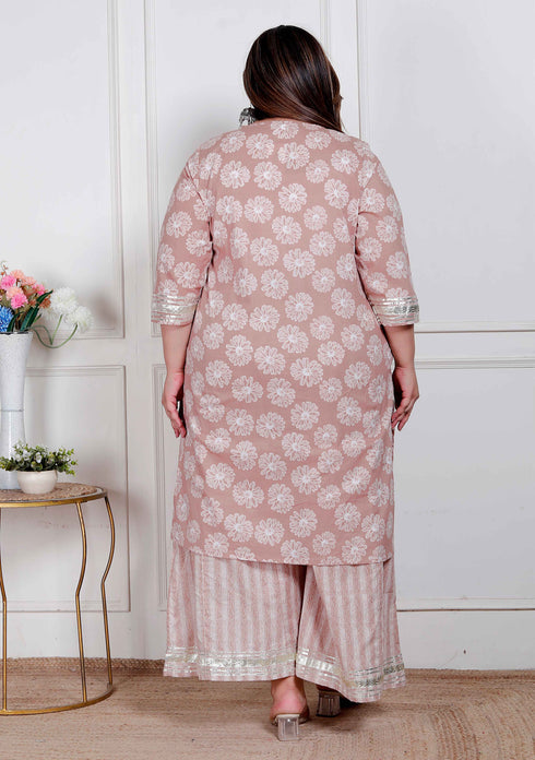 Miravan Plus Size Women Brown Floral Printed Cotton Straight ethnic Kurta with Palazzo and Dupatta