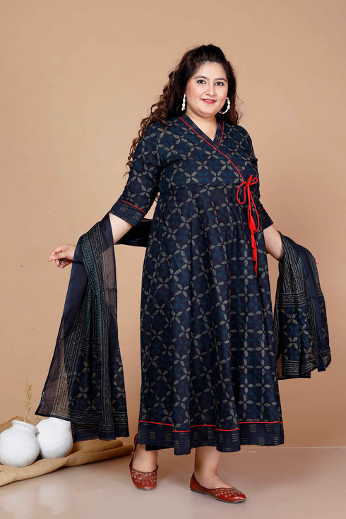 Miravan WomenS Plus Size Abstract Printed and Tasseles Angrakha Kurta With Blue Dupatta Set