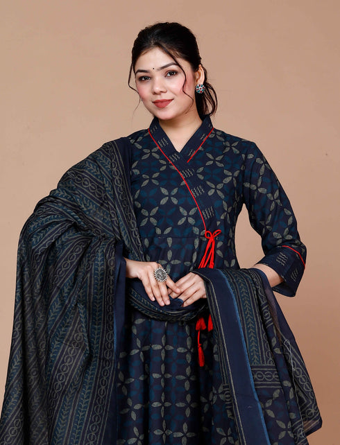 Miravan WomenS Abstract Printed and Tasseles Angrakha Kurta With Blue Dupatta Set