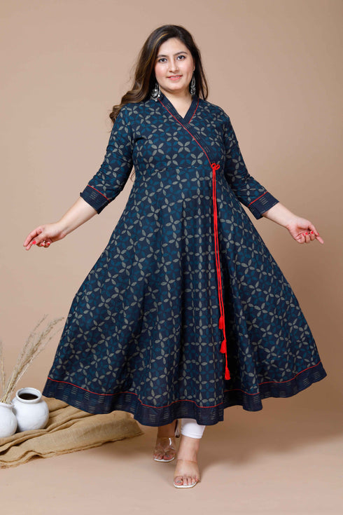 Miravan Womens Plus Size Navy Blue Printed Angrakha Kurta