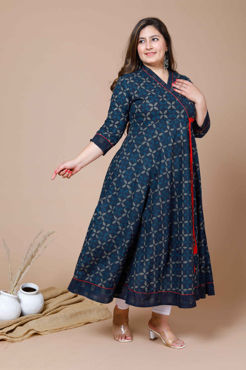 Miravan Womens Plus Size Navy Blue Printed Angrakha Kurta