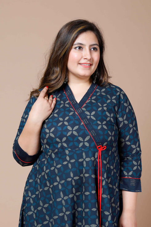 Miravan Womens Plus Size Navy Blue Printed Angrakha Kurta