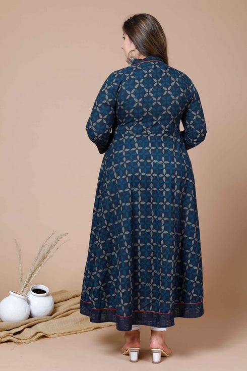 Miravan Womens Plus Size Navy Blue Printed Angrakha Kurta