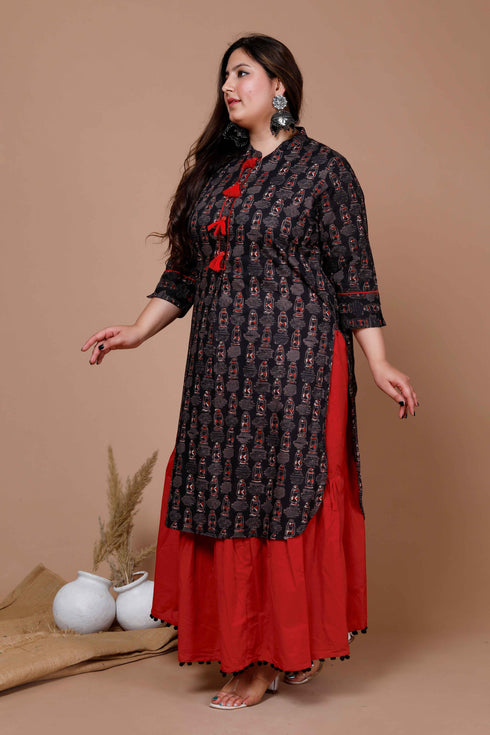 Miravan Womens Plus Size Black Printed Pure Cotton Kurta With Skirt