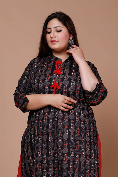 Miravan Womens Plus Size Black Printed Pure Cotton Kurta With Skirt