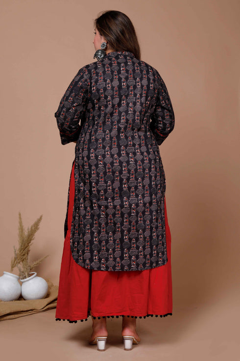 Miravan Womens Plus Size Black Printed Pure Cotton Kurta With Skirt