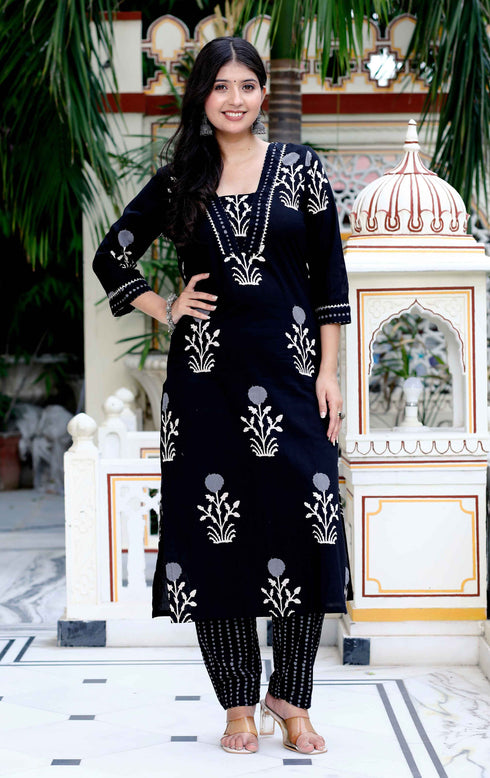 Miravan Womens Cotton Gota Patti Black Floral Printed Straight Kurta Palazzo Set