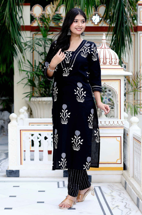 Miravan Womens Cotton Gota Patti Black Floral Printed Straight Kurta Palazzo Set