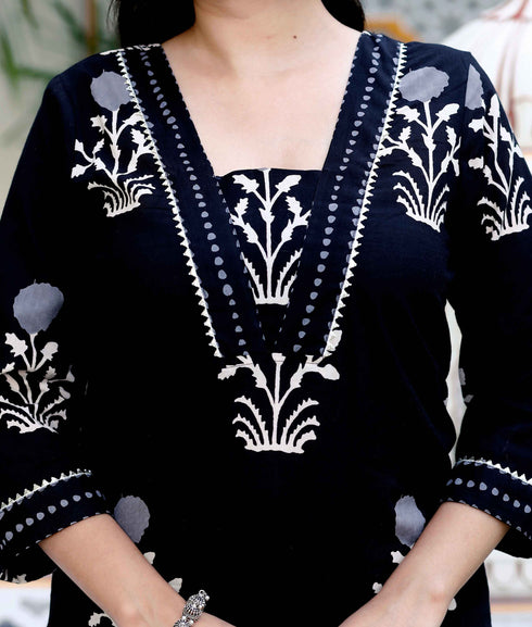 Miravan Womens Cotton Gota Patti Black Floral Printed Straight Kurta Palazzo Set