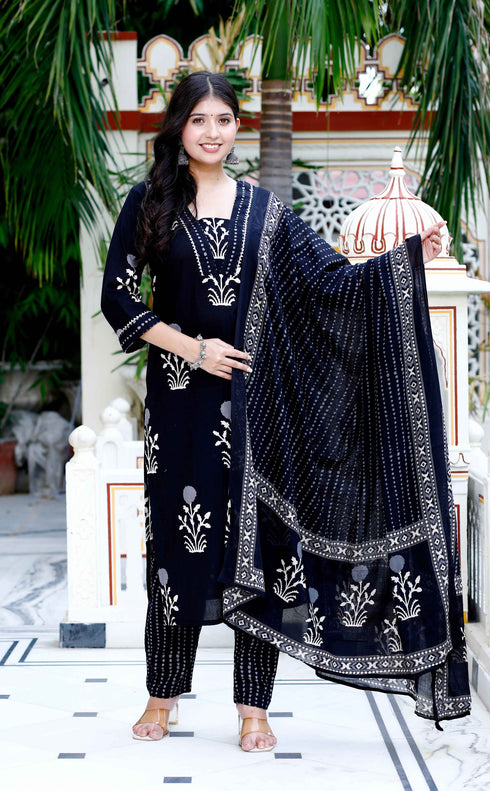 Miravan Womens Cotton Gota Patti Black Floral Printed Straight Kurta Palazzo With Dupatta Set