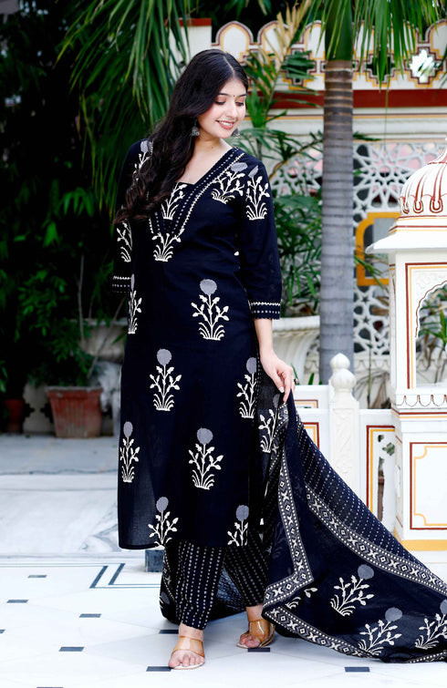 Miravan Womens Cotton Gota Patti Black Floral Printed Straight Kurta Palazzo With Dupatta Set