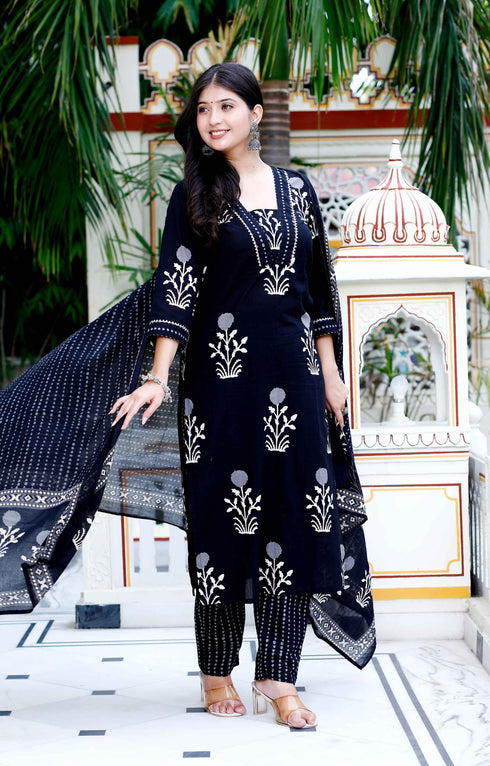 Miravan Womens Cotton Gota Patti Black Floral Printed Straight Kurta Palazzo With Dupatta Set