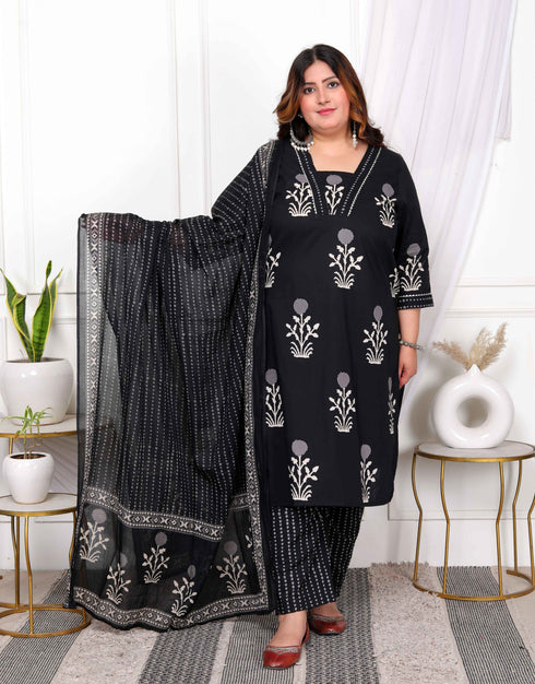 Miravan Womens Plus Size Cotton Gota Patti Black Floral Printed Straight Kurta Palazzo With Dupatta Set