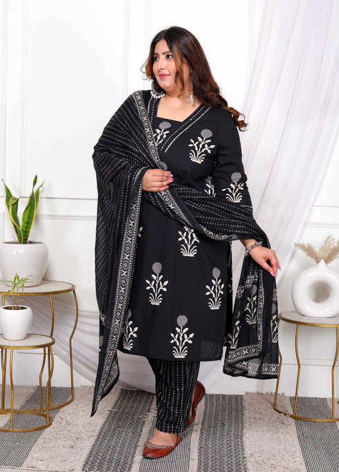 Miravan Womens Plus Size Cotton Gota Patti Black Floral Printed Straight Kurta Palazzo With Dupatta Set
