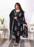 Miravan Womens Plus Size Cotton Gota Patti Black Floral Printed Straight Kurta Palazzo With Dupatta Set