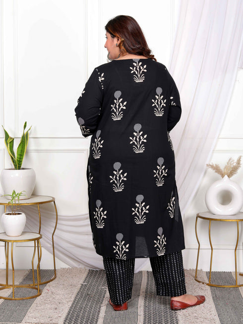 Miravan Womens Plus Size Cotton Gota Patti Black Floral Printed Straight Kurta Palazzo With Dupatta Set