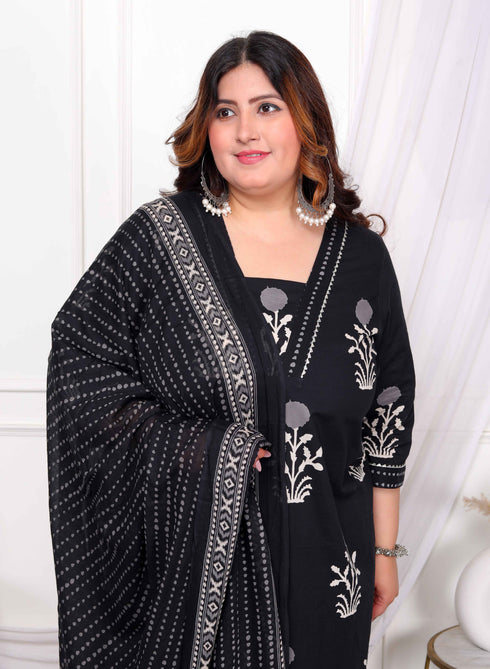 Miravan Womens Plus Size Cotton Gota Patti Black Floral Printed Straight Kurta Palazzo With Dupatta Set