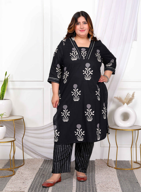 Miravan Womens Plus Size Cotton Gota Patti Black Floral Printed Straight Kurta Palazzo Set
