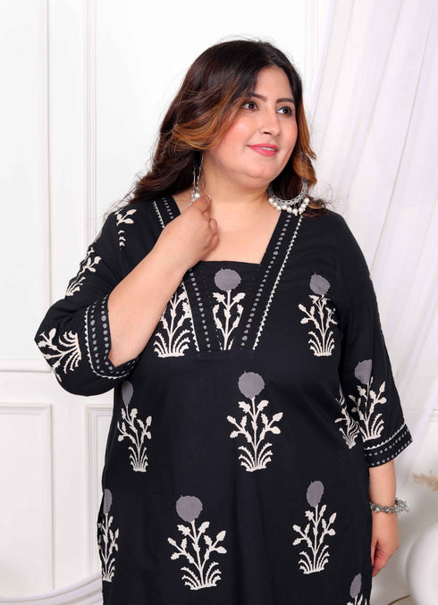 Miravan Womens Plus Size Cotton Gota Patti Black Floral Printed Straight Kurta Palazzo Set