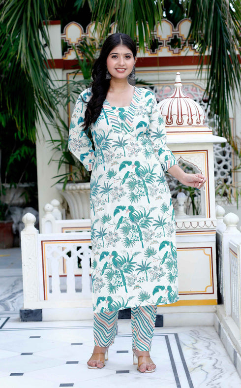 Miravan Womens Light Green Scenic Birds And Leaf Straight Pakistani Style Kurta And Palazzo