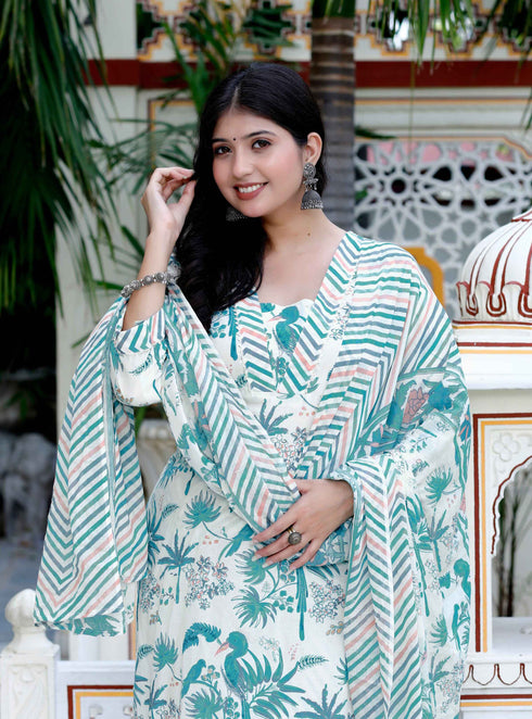 Miravan Womens Light Green Scenic Birds And Leaf Straight Pakistani Style Suit Set
