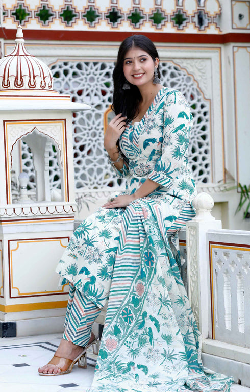 Miravan Womens Light Green Scenic Birds And Leaf Straight Pakistani Style Suit Set