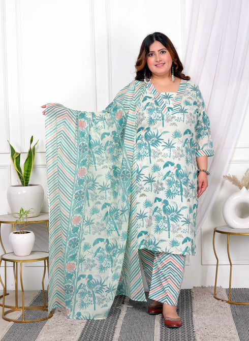 Miravan Womens Plus Size Cotton Light Green Scenic Birds And Leaf Floral Printed Straight Pakistani Style Suit Set