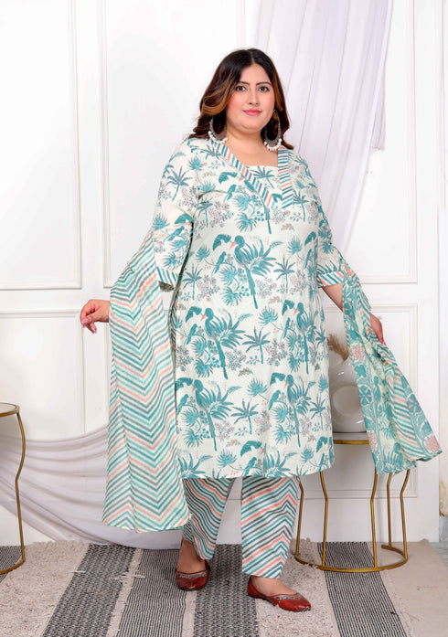 Miravan Womens Plus Size Cotton Light Green Scenic Birds And Leaf Floral Printed Straight Pakistani Style Suit Set
