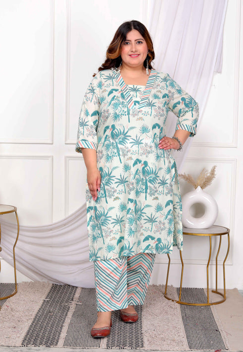 Miravan Womens Plus Size Cotton Light Green Scenic Birds And Leaf Floral Printed Straight Pakistani Style Kurta And Palazzo