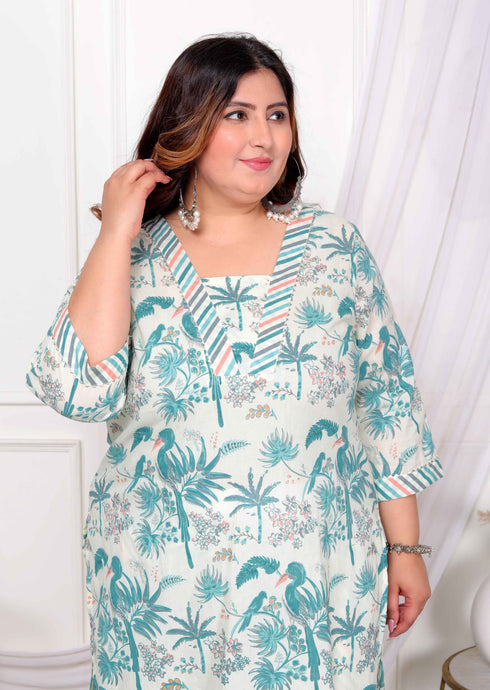 Miravan Womens Plus Size Cotton Light Green Scenic Birds And Leaf Floral Printed Straight Pakistani Style Kurta And Palazzo