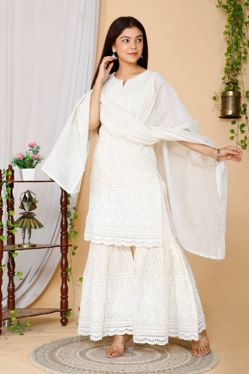 Miravan Womens Beige Embroidered Chikankari Cotton Kurti and Sharara With Dupatta