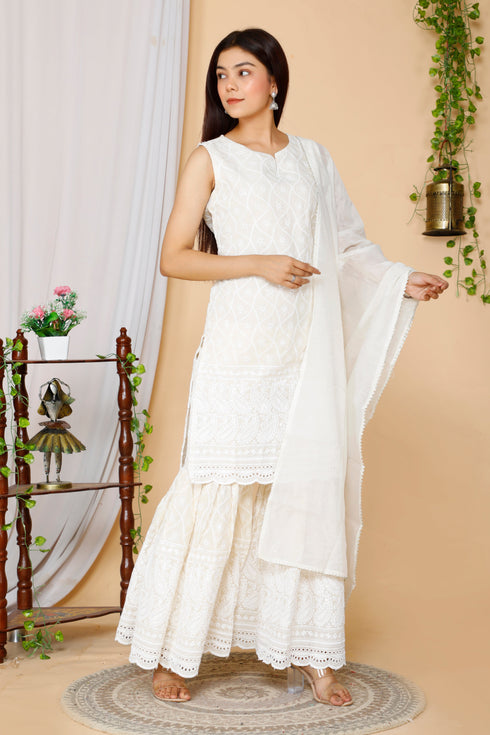 Miravan Womens Beige Embroidered Chikankari Cotton Kurti and Sharara With Dupatta