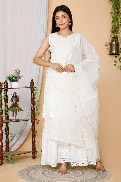 Miravan Womens Beige Embroidered Chikankari Cotton Kurti and Sharara With Dupatta