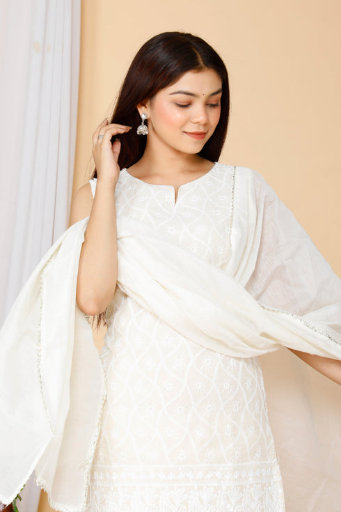 Miravan Womens Beige Embroidered Chikankari Cotton Kurti and Sharara With Dupatta