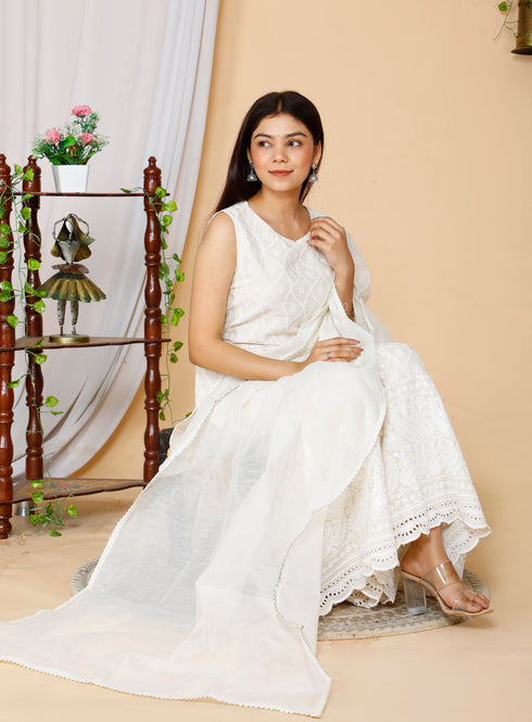 Miravan Womens Beige Embroidered Chikankari Cotton Kurti and Sharara With Dupatta