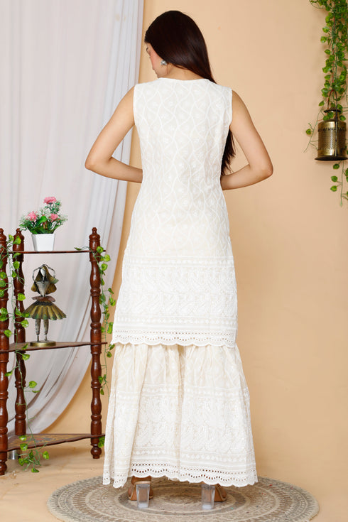 Miravan Womens Beige Embroidered Chikankari Cotton Kurti and Sharara With Dupatta