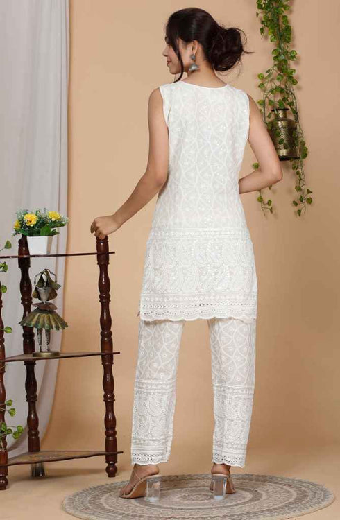 Miravan Womens Beige Floral Embroidered Pure Cotton Sleevless Kurti