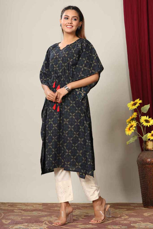 Miravan Womens Blue Floral Printed Cotton Kaftan Kurta