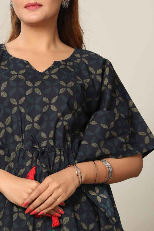 Miravan Womens Blue Floral Printed Cotton Kaftan Kurta