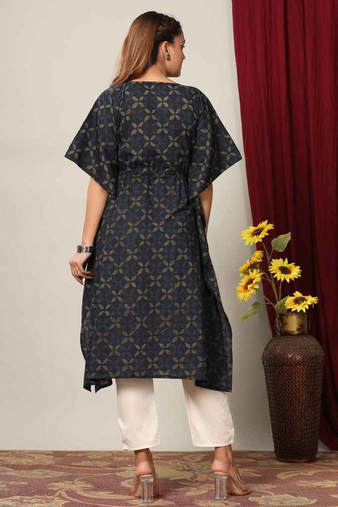 Miravan Womens Blue Floral Printed Cotton Kaftan Kurta