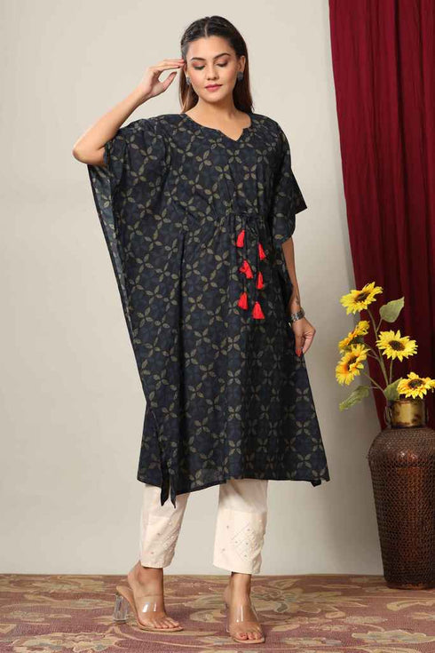 Miravan Womens Blue Floral Printed Cotton Kaftan Kurta