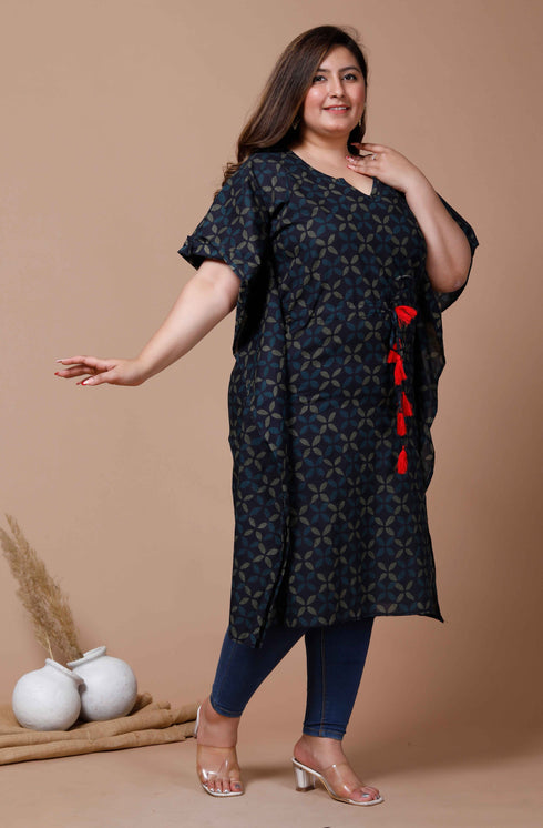 Miravan Womens Plus Size Navy Blue Printed Flared Sleeves Kaftan