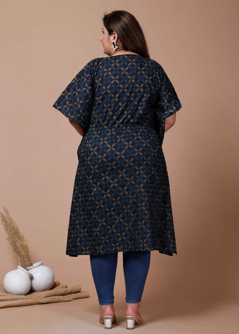 Miravan Womens Plus Size Navy Blue Printed Flared Sleeves Kaftan