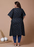 Miravan Womens Plus Size Navy Blue Printed Flared Sleeves Kaftan