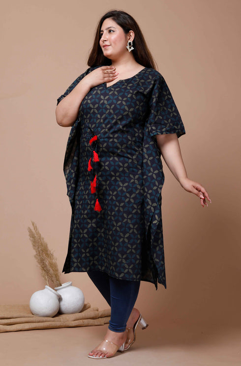 Miravan Womens Plus Size Navy Blue Printed Flared Sleeves Kaftan