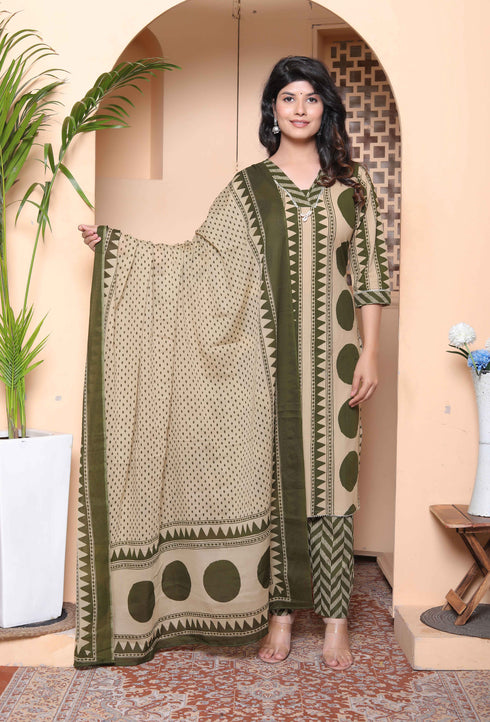 Miravan Womens Polka Dot Printed V Neck Kurta with Palazzo and Dupatta Set