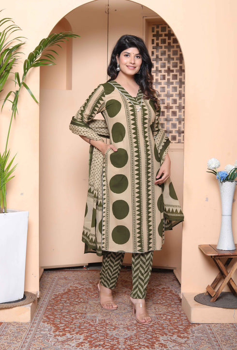 Miravan Womens Polka Dot Printed V Neck Kurta with Palazzo and Dupatta Set